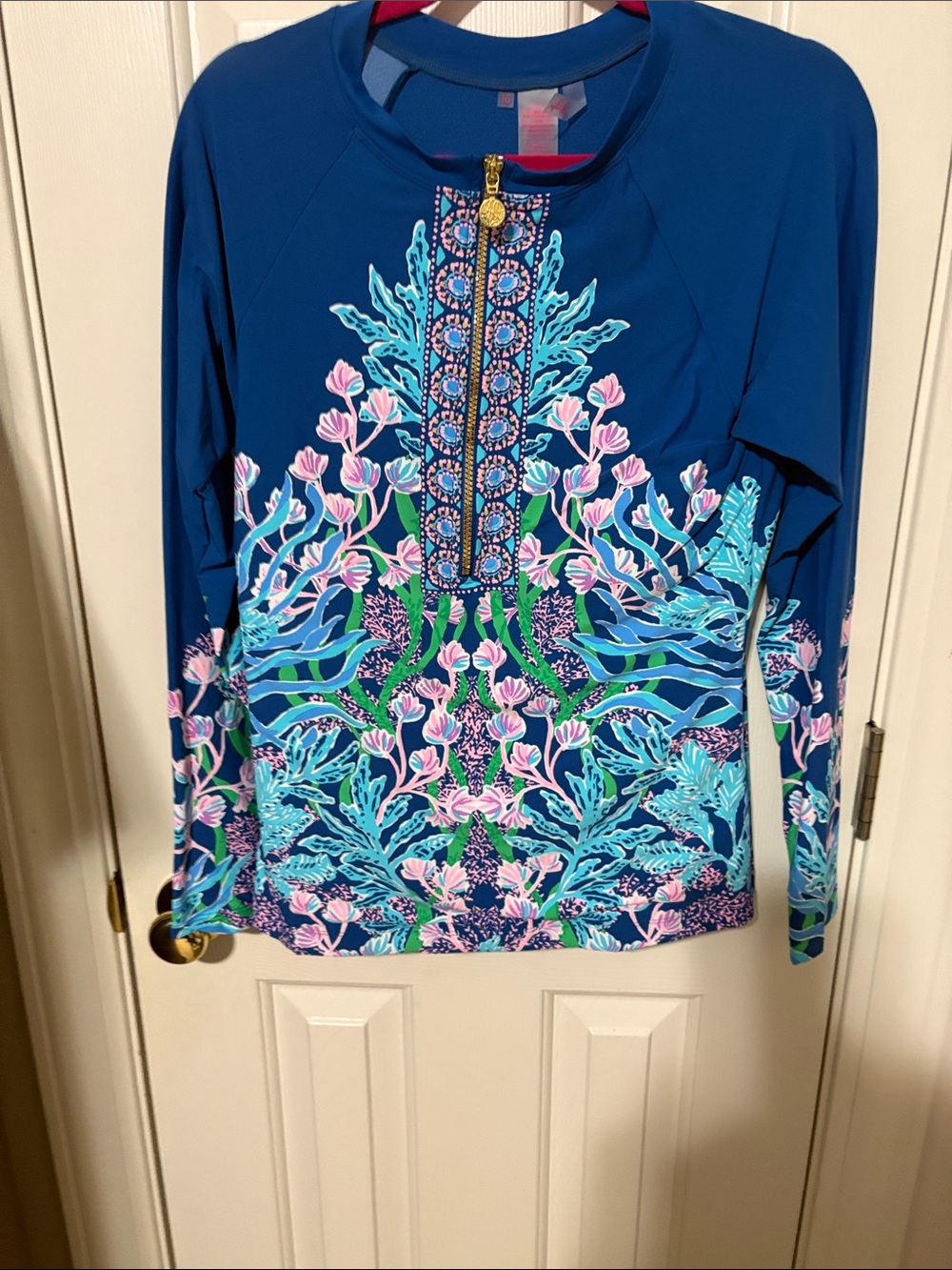 Lilly Pulitzer Barton Blue Floral Rashguard Top with Pink & Aqua Accents